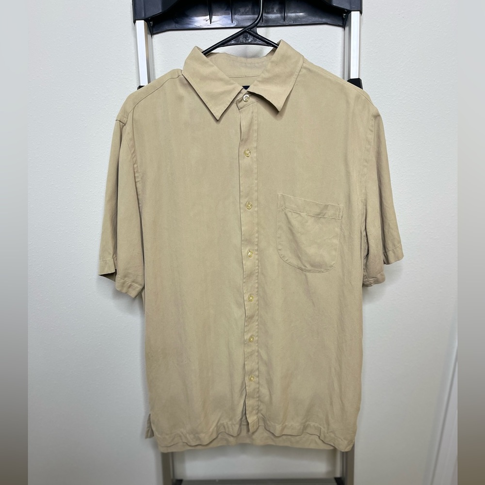 Lands End 100% silk/seide button up short sleeve shirt in tan